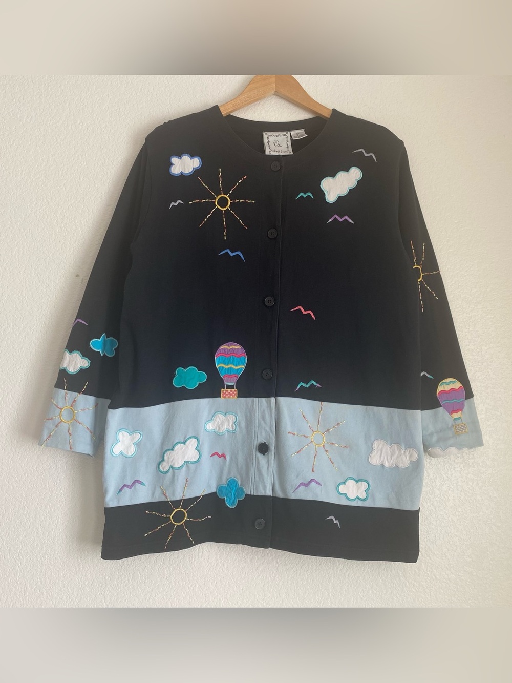 Vintage Michael Simon Lite embroidered beaded cardigan with hot air balloons, L